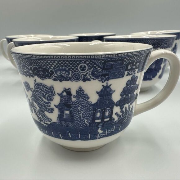 EUC! Vintage Johnson Brothers Blue Willow Teacups Set of 6 - Picture 1 of 8